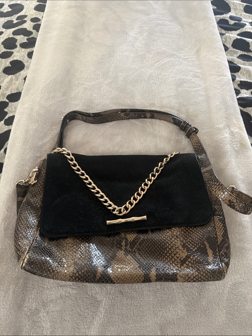 Snake-Effect Shoulder Bag with Black Suede Flap and Gold Chain